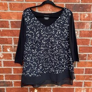 Lane Bryant Womens 14/16 Black Spotted Long Sleeve Vneck Tunic Top Chiffon Trim